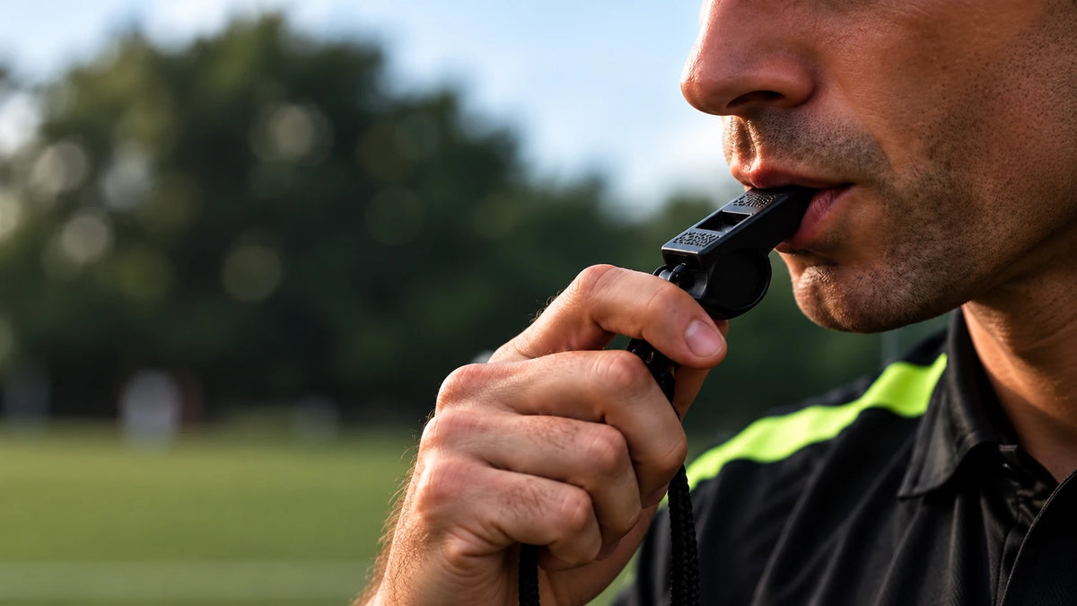 Arbitro con il fischietto in bocca e la maglia nera con la riga verde fluo